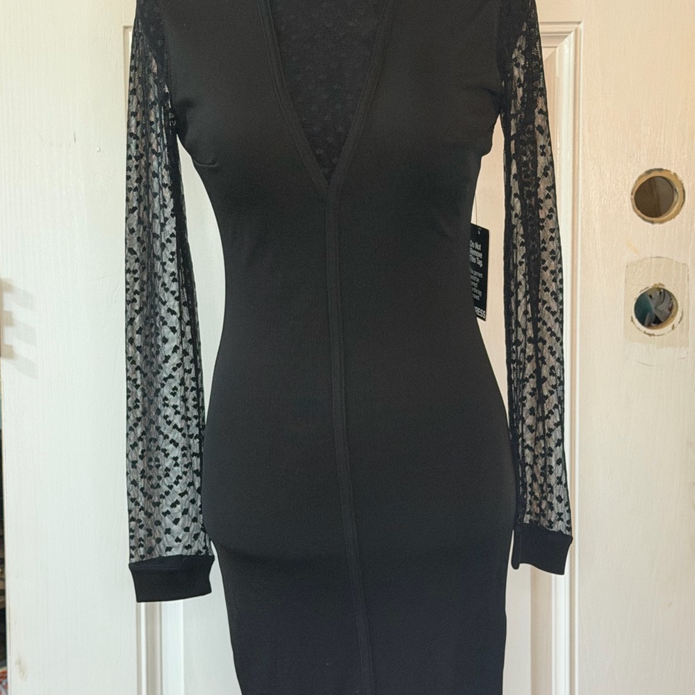 Express Black Dress with Sheer Patterned Sleeves
